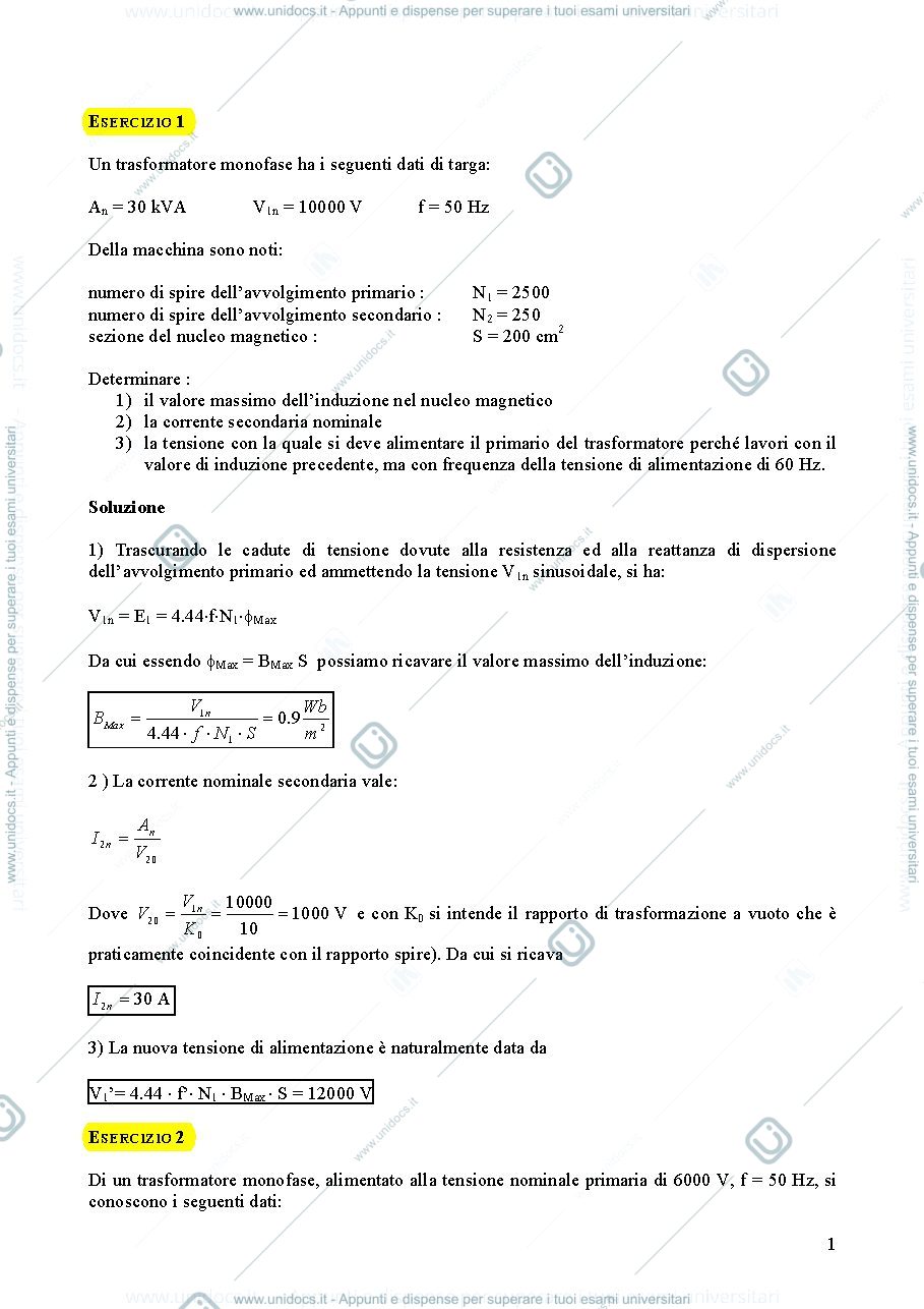 Anteprima pagina 1 — Esercizi trasformatore monofase trifase e parallelo esercizi per corso prof: Mauri