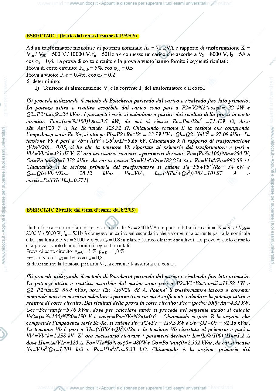 Anteprima pagina 1 — esercizi trasformatore monofase esercizi per corso prof: Mauri