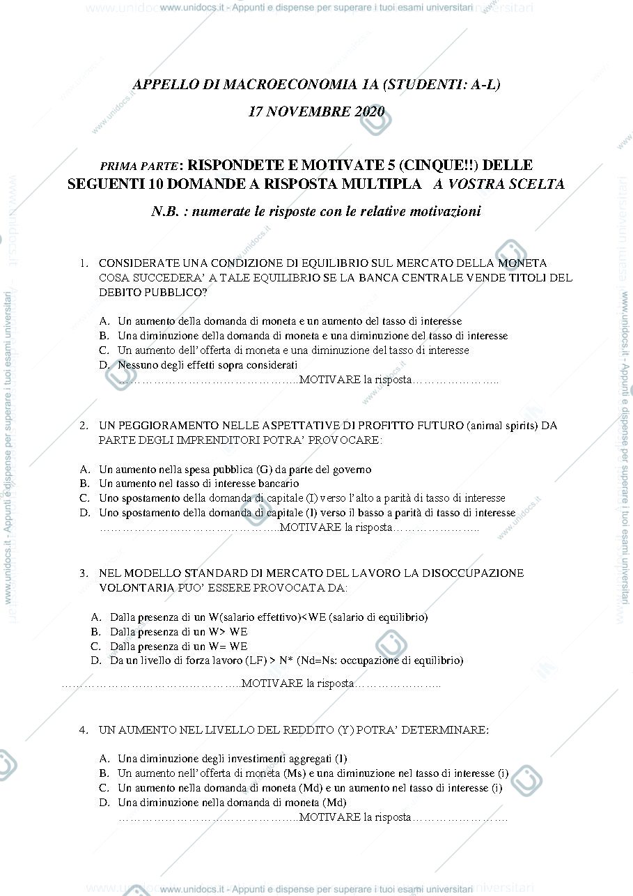 Anteprima pagina 1 — Domande esame Macroeconomia Lino