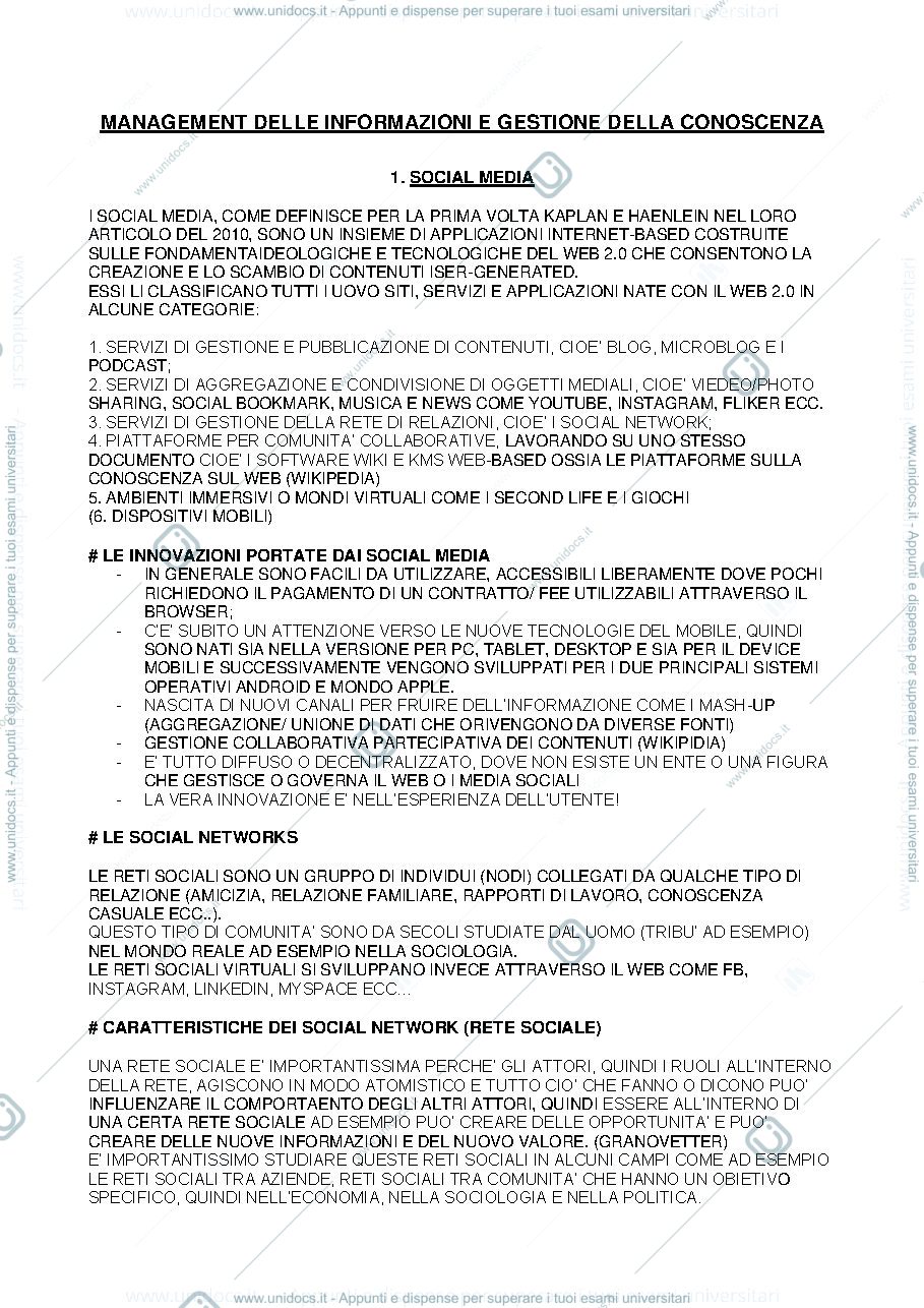 Anteprima pagina 1 — Appunti di Management delle informazioni e gestione della conoscenza 