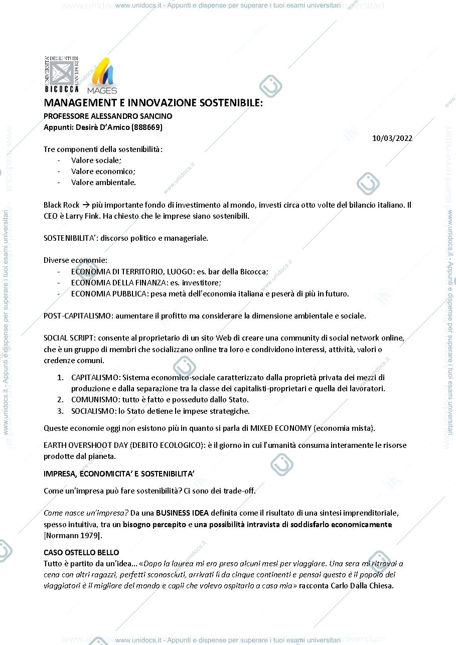 Anteprima pagina 1 — Appunti management e innovazione sostenibile