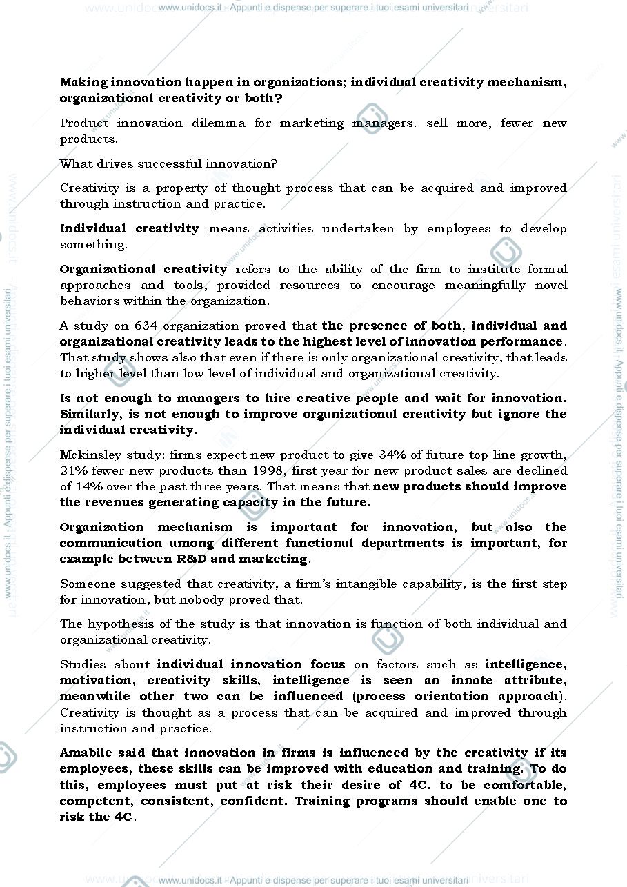 Anteprima pagina 1 — management of innovation riassunti slide sottolineati