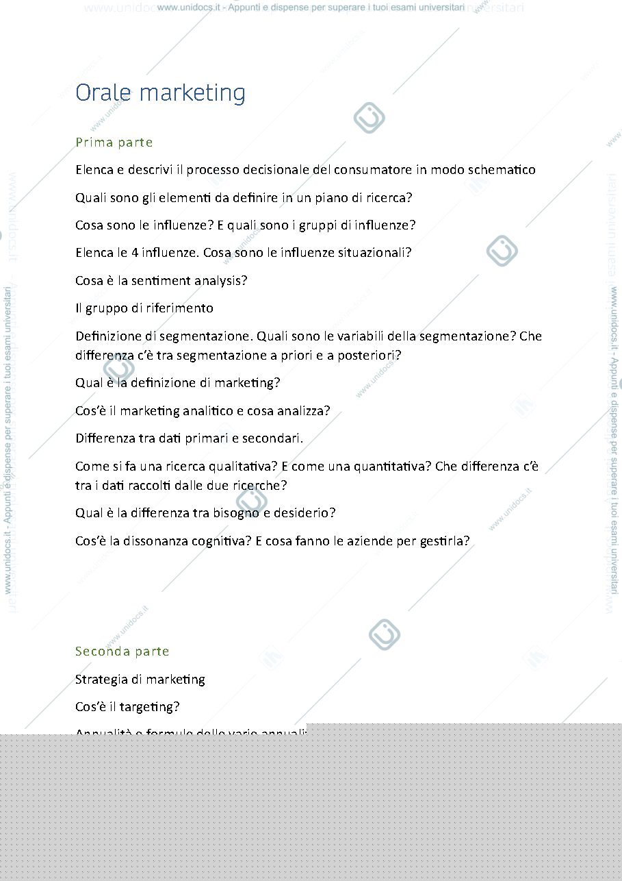 Anteprima pagina 1 — Domande esame orale marketing