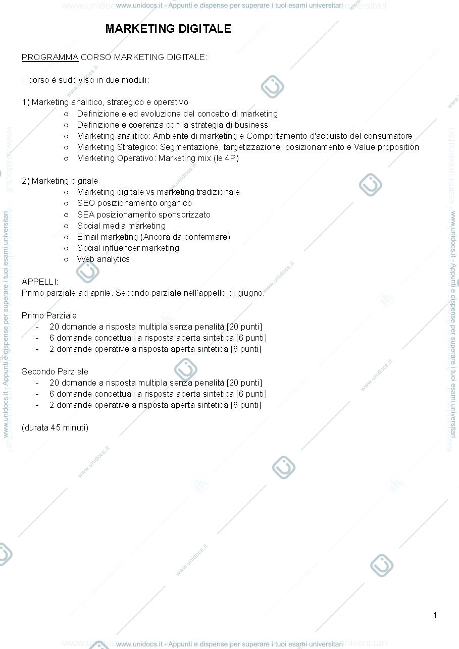 Anteprima pagina 1 — MARKETING DIGITALE PRIMA PARTE