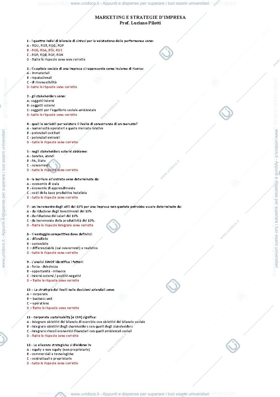 Anteprima pagina 1 — Domande marketing e strategie d'impresa + risposte