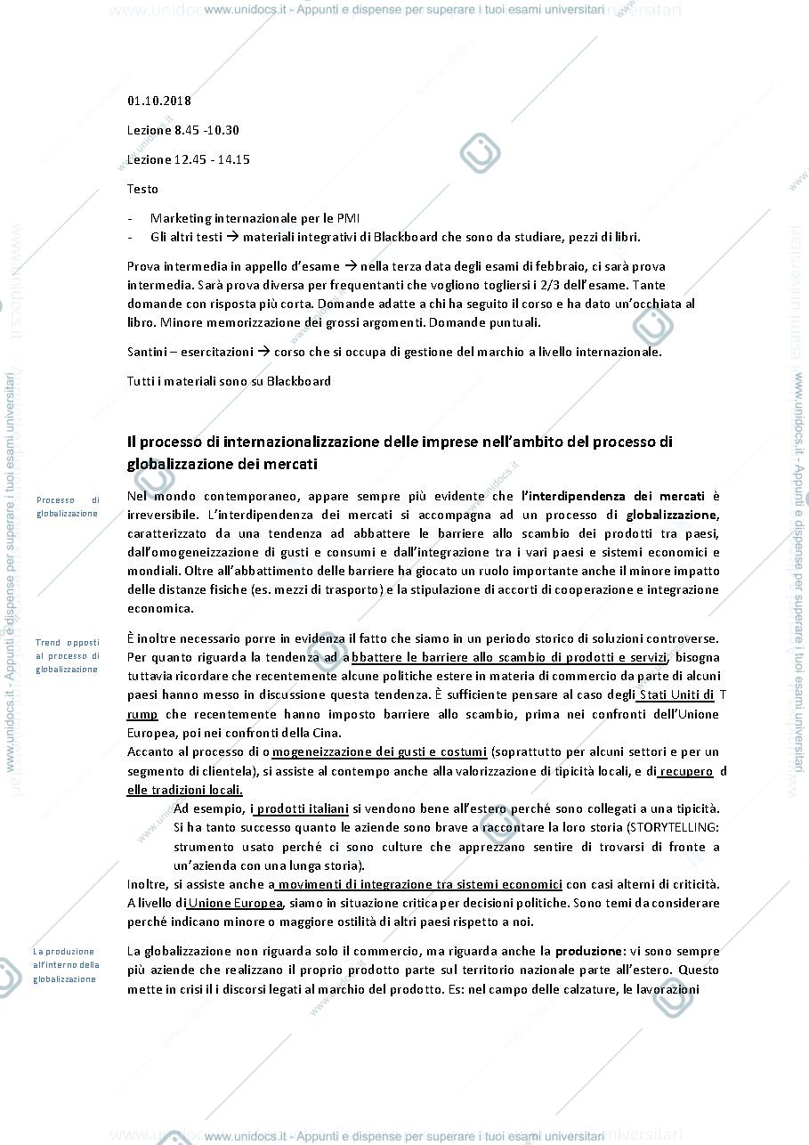 Anteprima pagina 1 — Marketing Internazionale primo modulo 