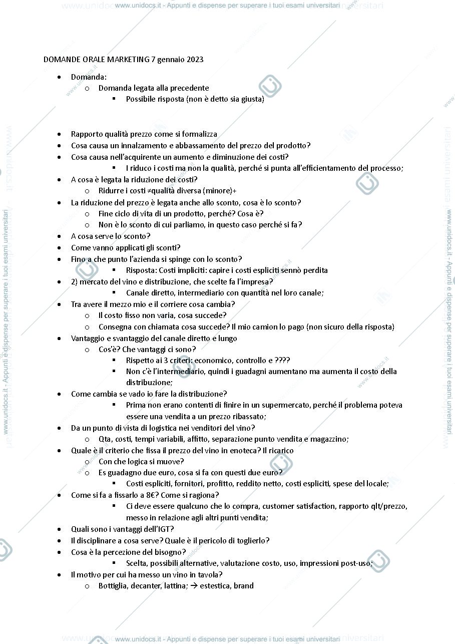 Anteprima pagina 1 — Domande esame orale marketing 