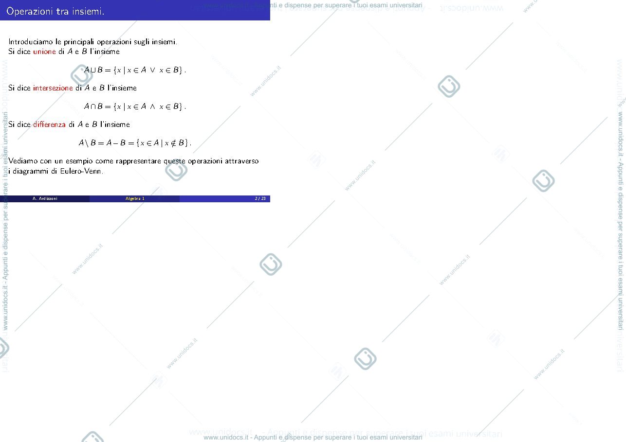 Anteprima pagina 2 — Operazioni tra insiemi ed esercizi. Intersezioni ed unioni arbitrarie. Complementare. Prodotto cartesiano