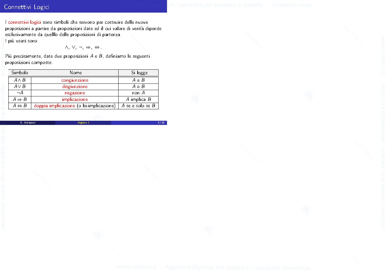 Anteprima pagina 3 — Proposizioni. Connettivi logici. Tavole di verità. Equivalenza logica. Quantificatori. Insiemi. Come scrivere un insieme. Insieme vuoto. Inclusione. Insieme della parti.