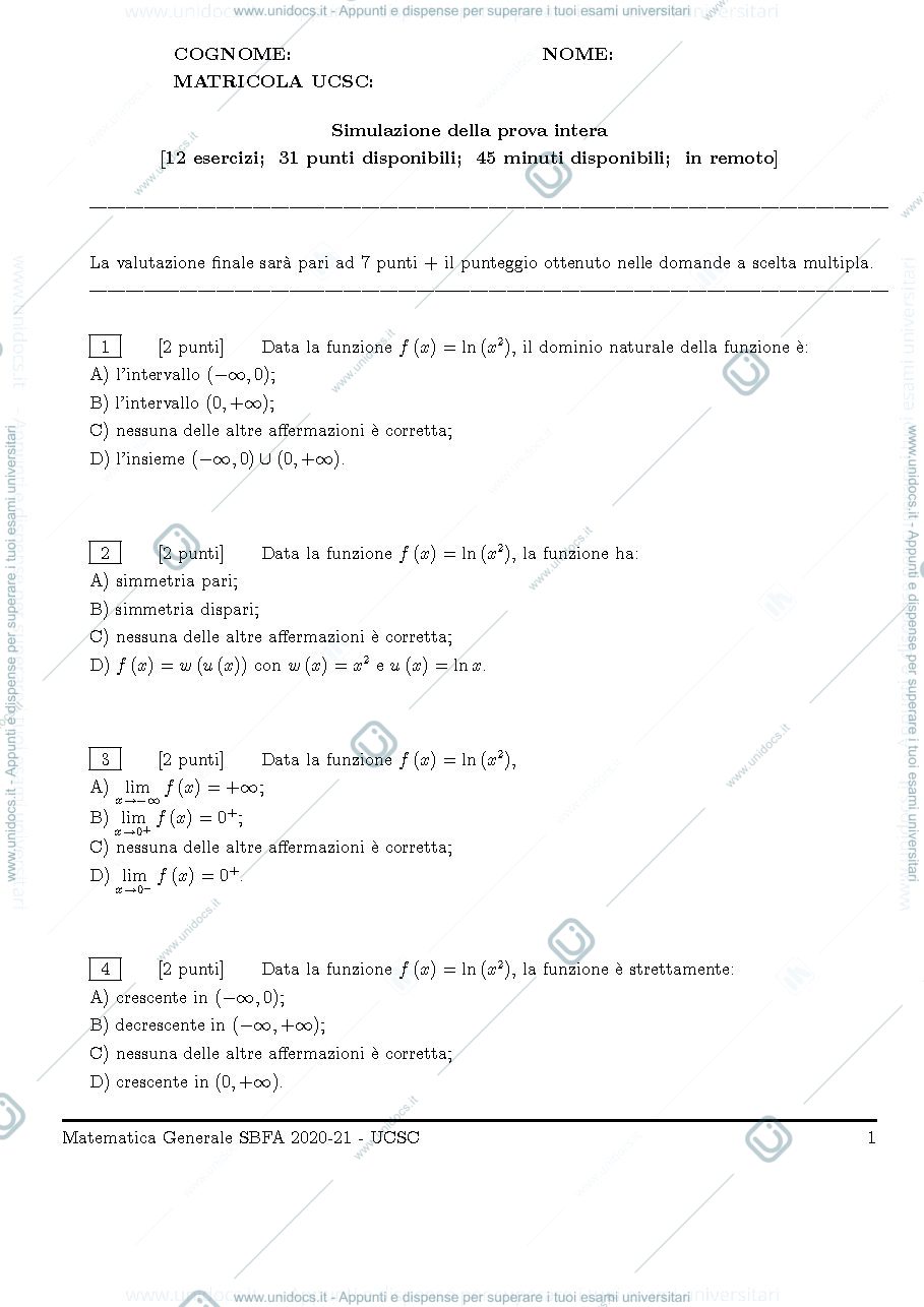 Anteprima pagina 1 — simulazione prova d'esame completa Matematica Generale