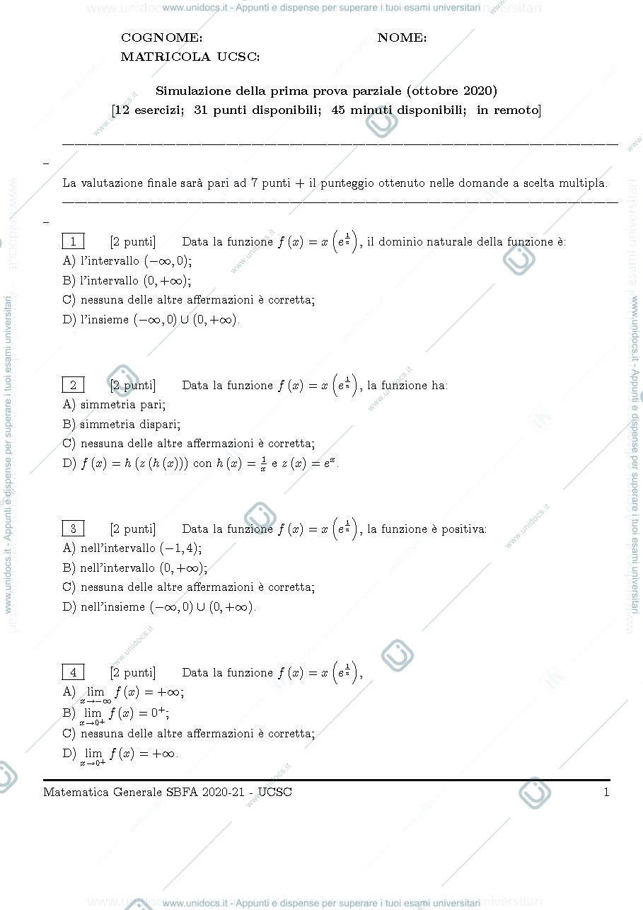 Anteprima pagina 1 — Simulazione 1 parziale Matematica generale 