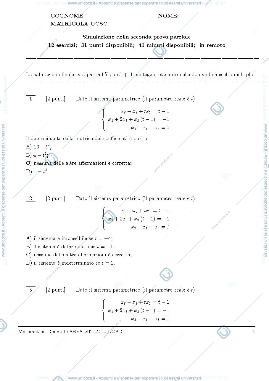 Anteprima pagina 1 — simulazione 2 parziale Matematica Generale