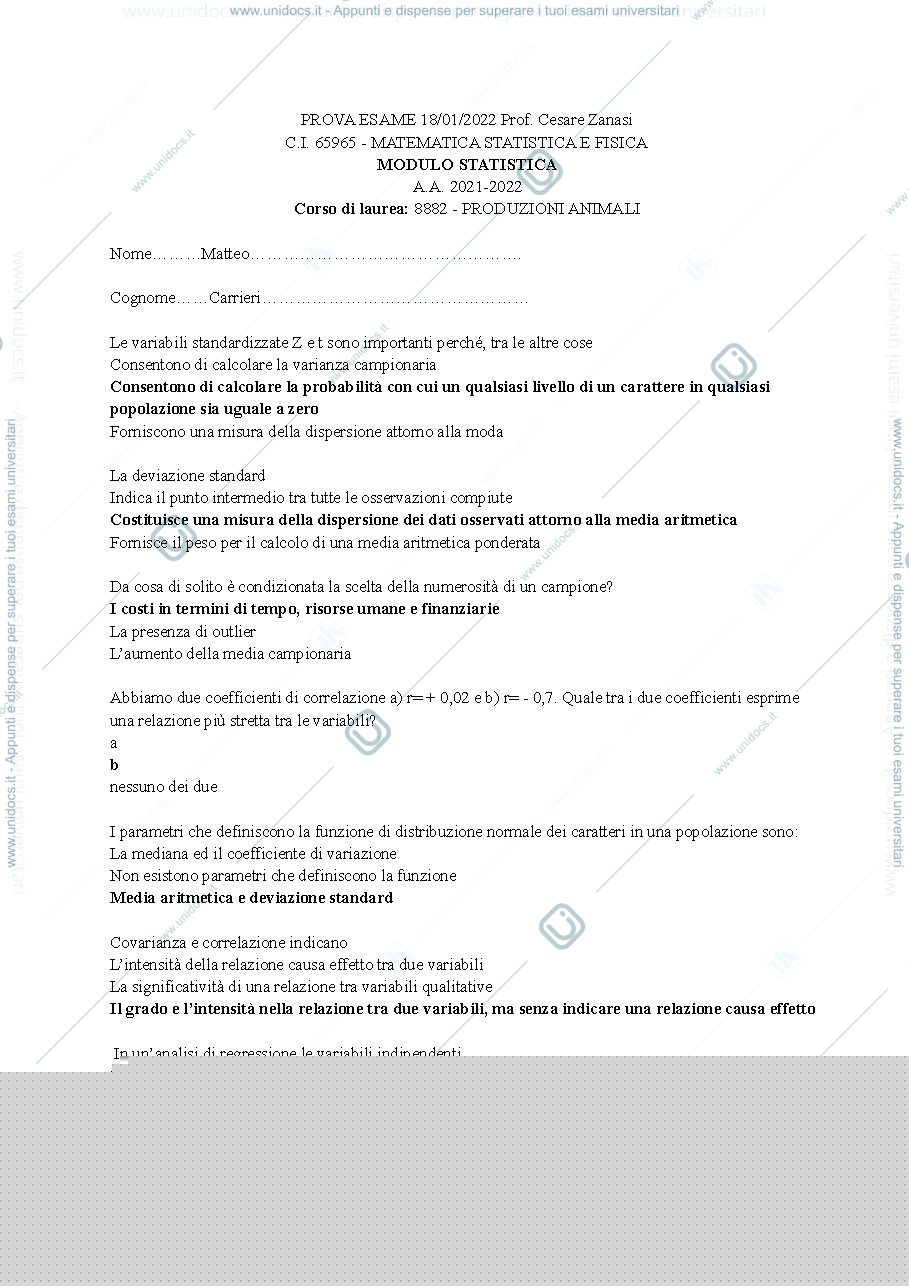 Anteprima pagina 1 — esame di statistica