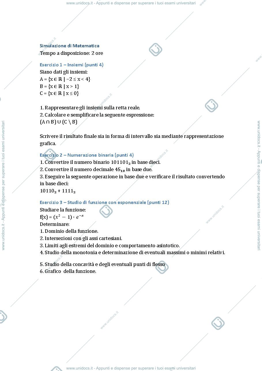 Anteprima pagina 1 — Simulazione esame di matematica primo anno ctf latina