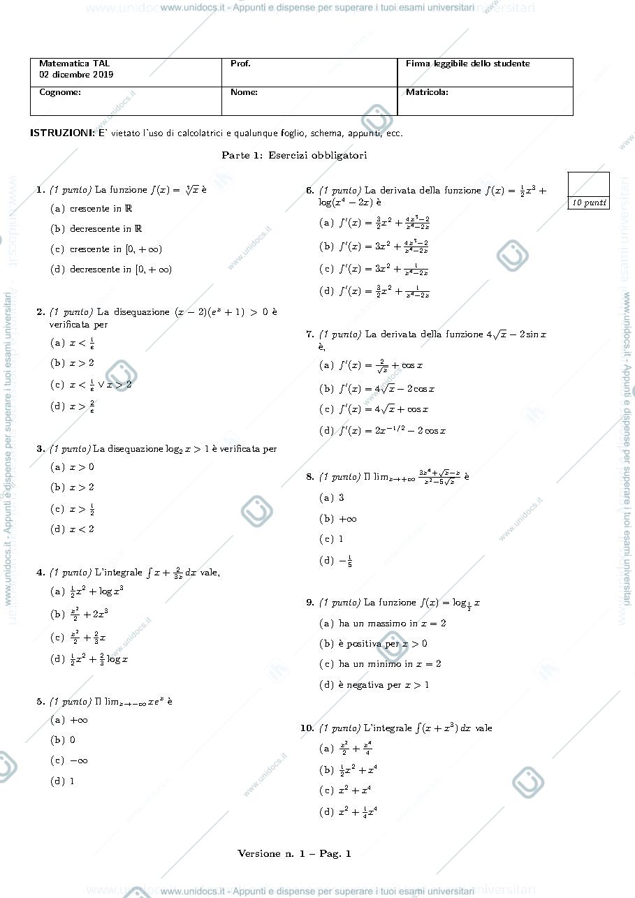 Anteprima pagina 1 — Prova d’esame matematica 