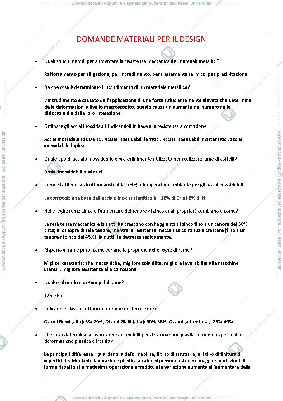 Anteprima pagina 1 — Domande Materiali per il design con risposte
