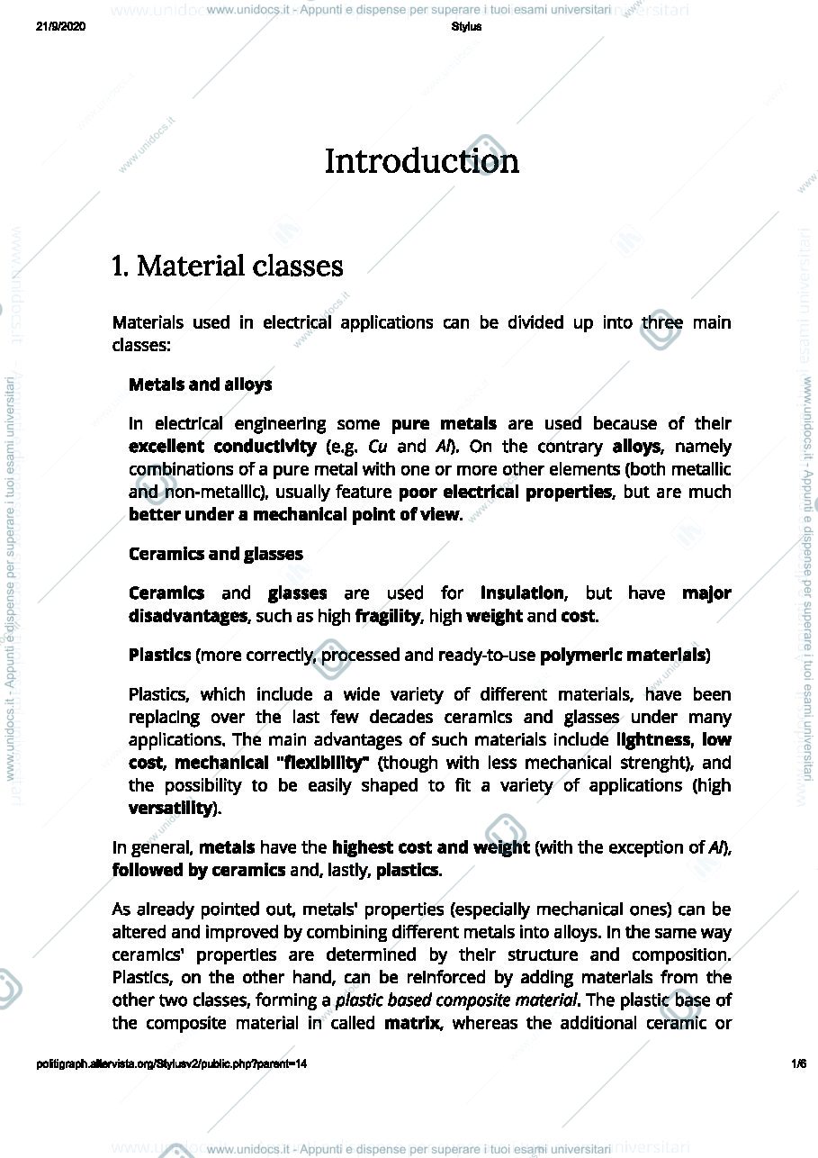 Anteprima pagina 1 — Appunti Materials for electrical application