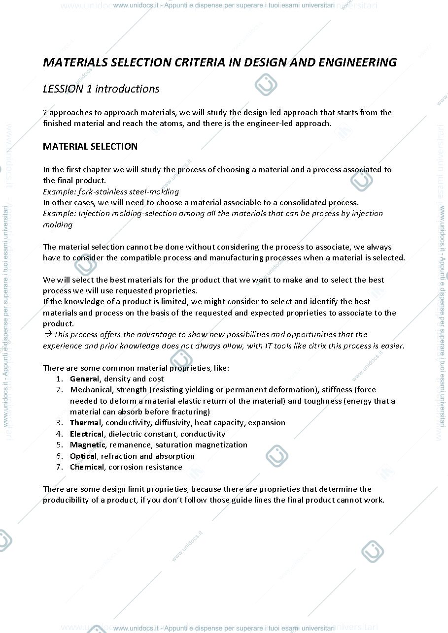 Anteprima pagina 1 — APPUNTI MATERIALS SLECTION CRITERIA IN DESIGN AND ENGINEERING 2025/2026