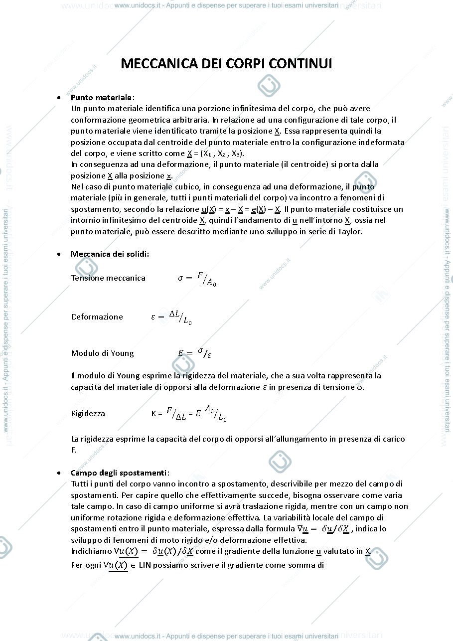 Anteprima pagina 1 — Riassunti di Meccanica dei Corpi Continui
