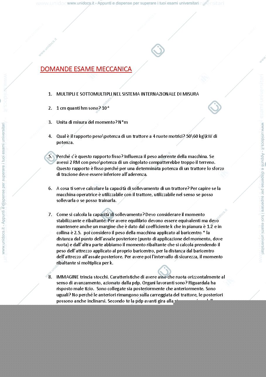 Anteprima pagina 1 — Domande esame Meccanica Agraria 