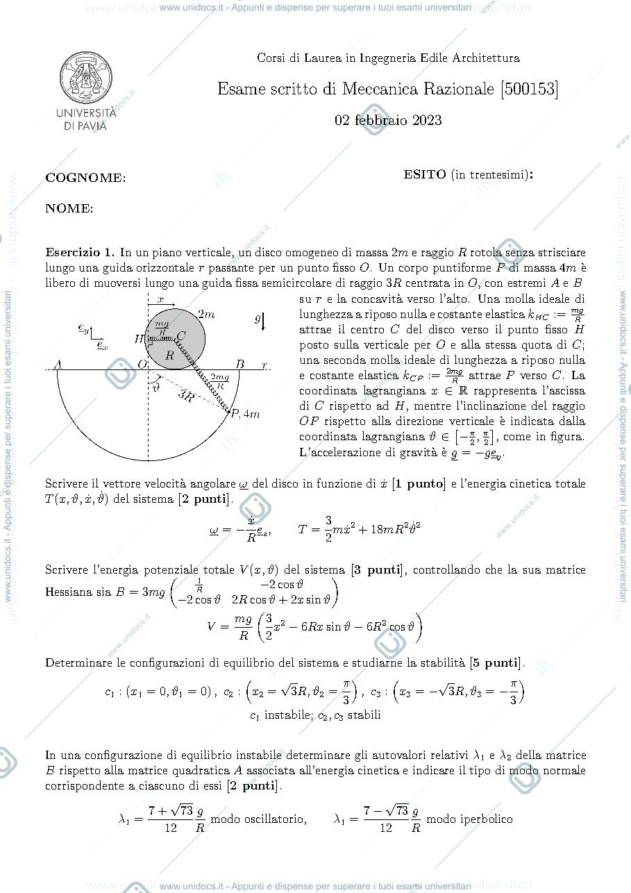 Anteprima pagina 1 — Esame di meccanica razionale
