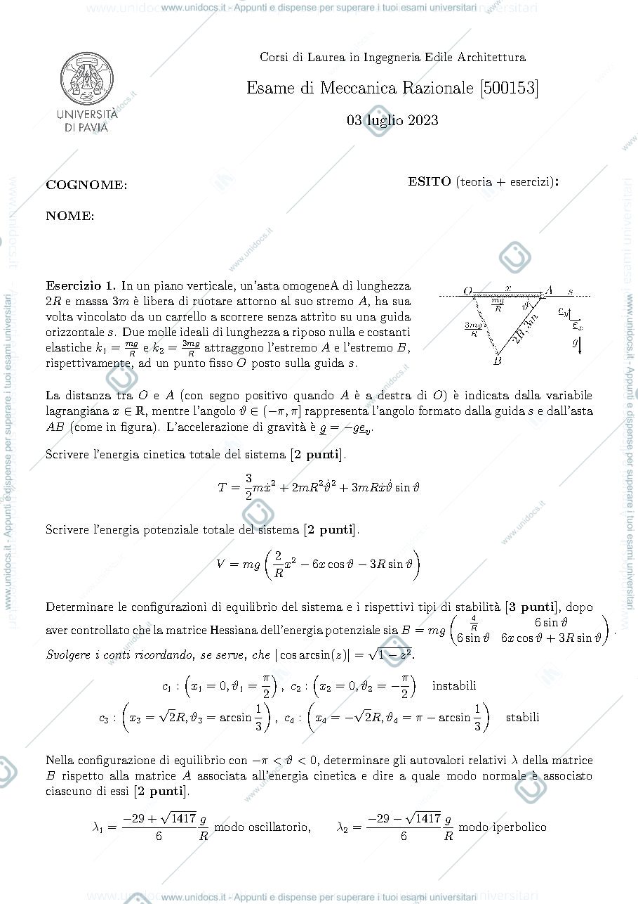 Anteprima pagina 1 — Esame di meccanica razionale