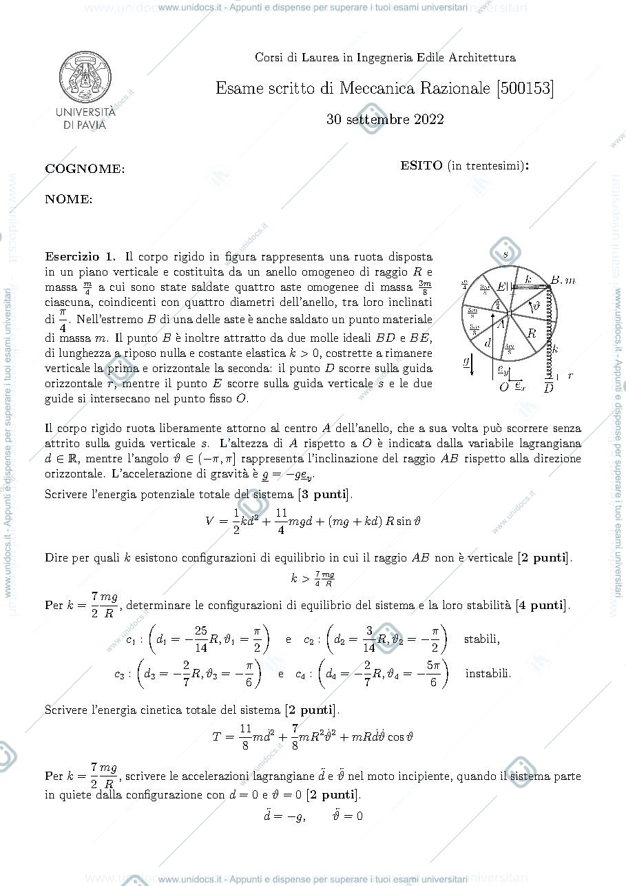 Anteprima pagina 1 — Esame di meccanica razionale