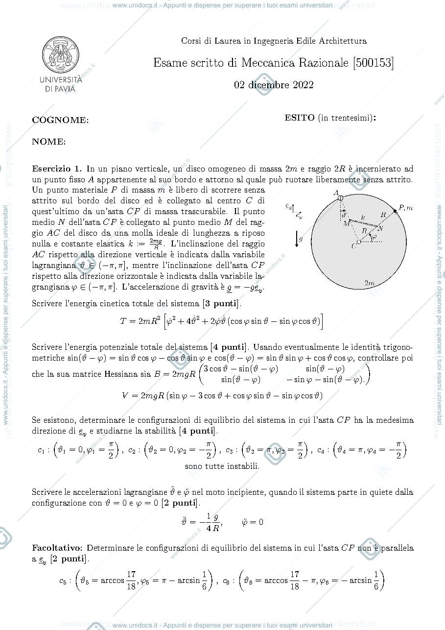 Anteprima pagina 1 — Esame di meccanica razionale