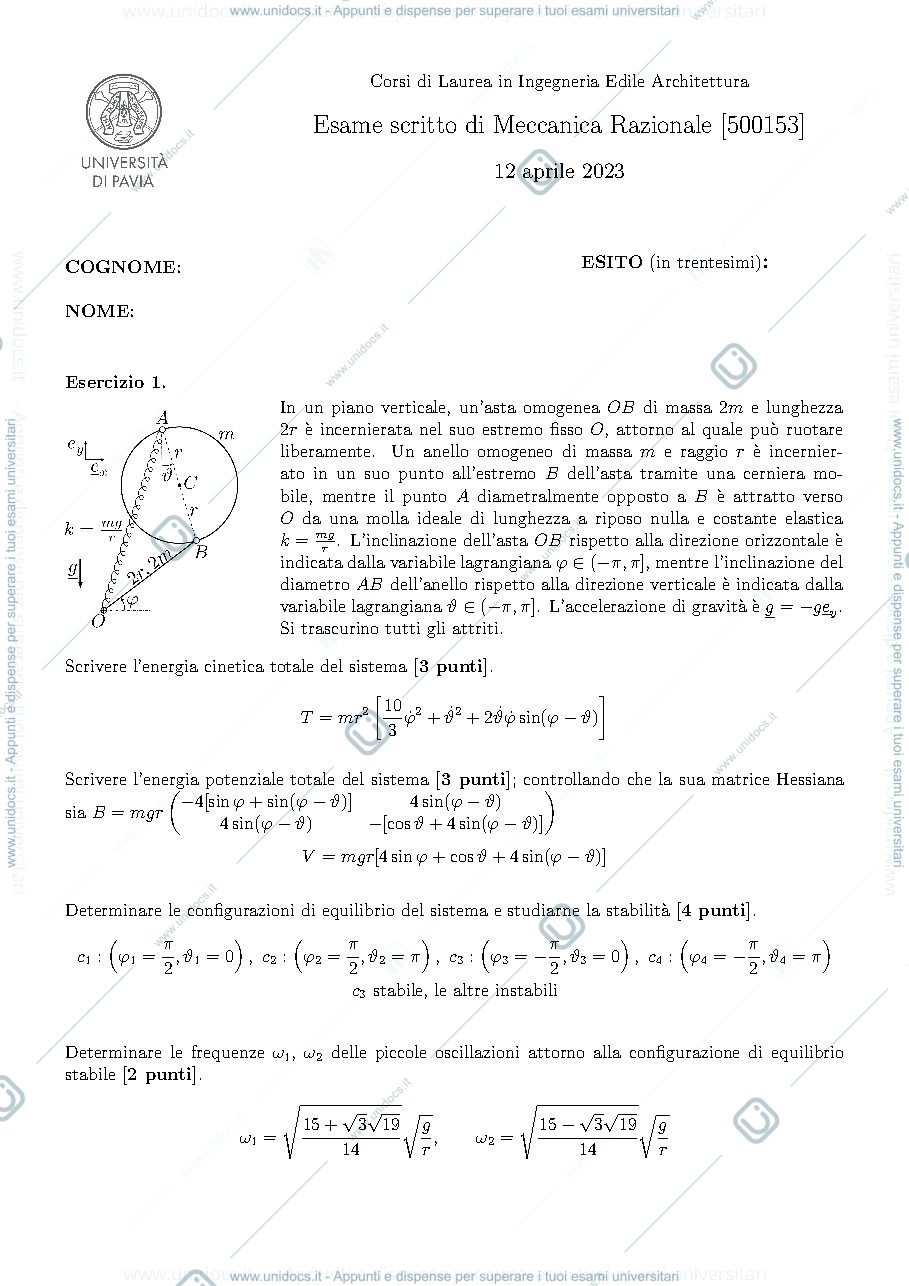Anteprima pagina 1 — Esami di meccanica razionale