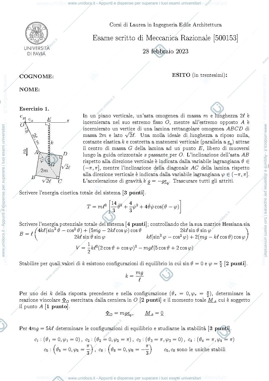 Anteprima pagina 1 — Esame di meccanica razionale