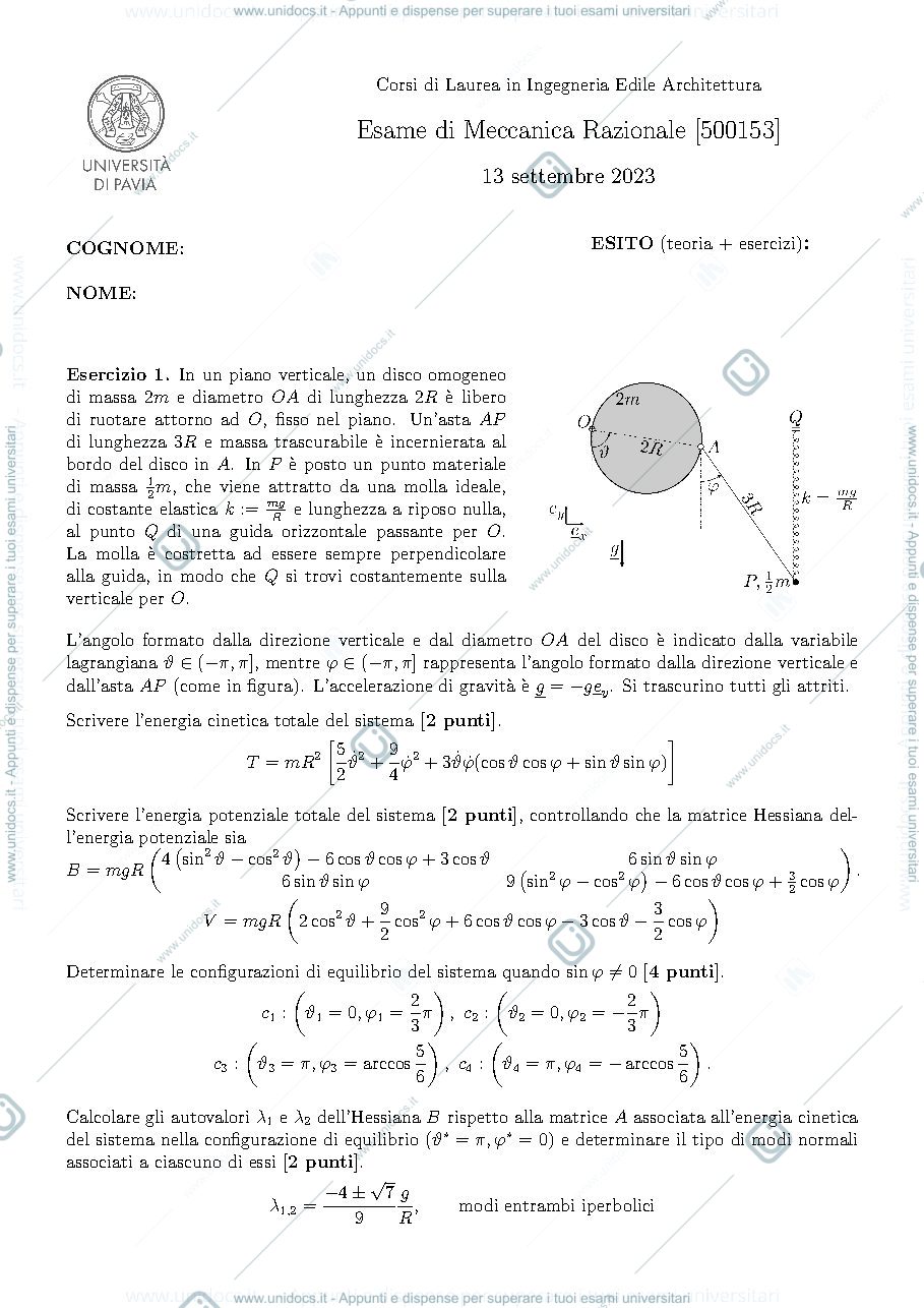 Anteprima pagina 1 — Esame di meccanica razionale