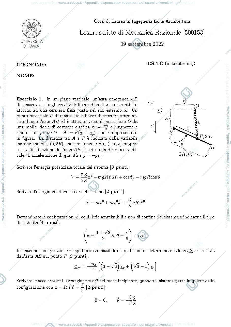 Anteprima pagina 1 — Esame di meccanica razionale