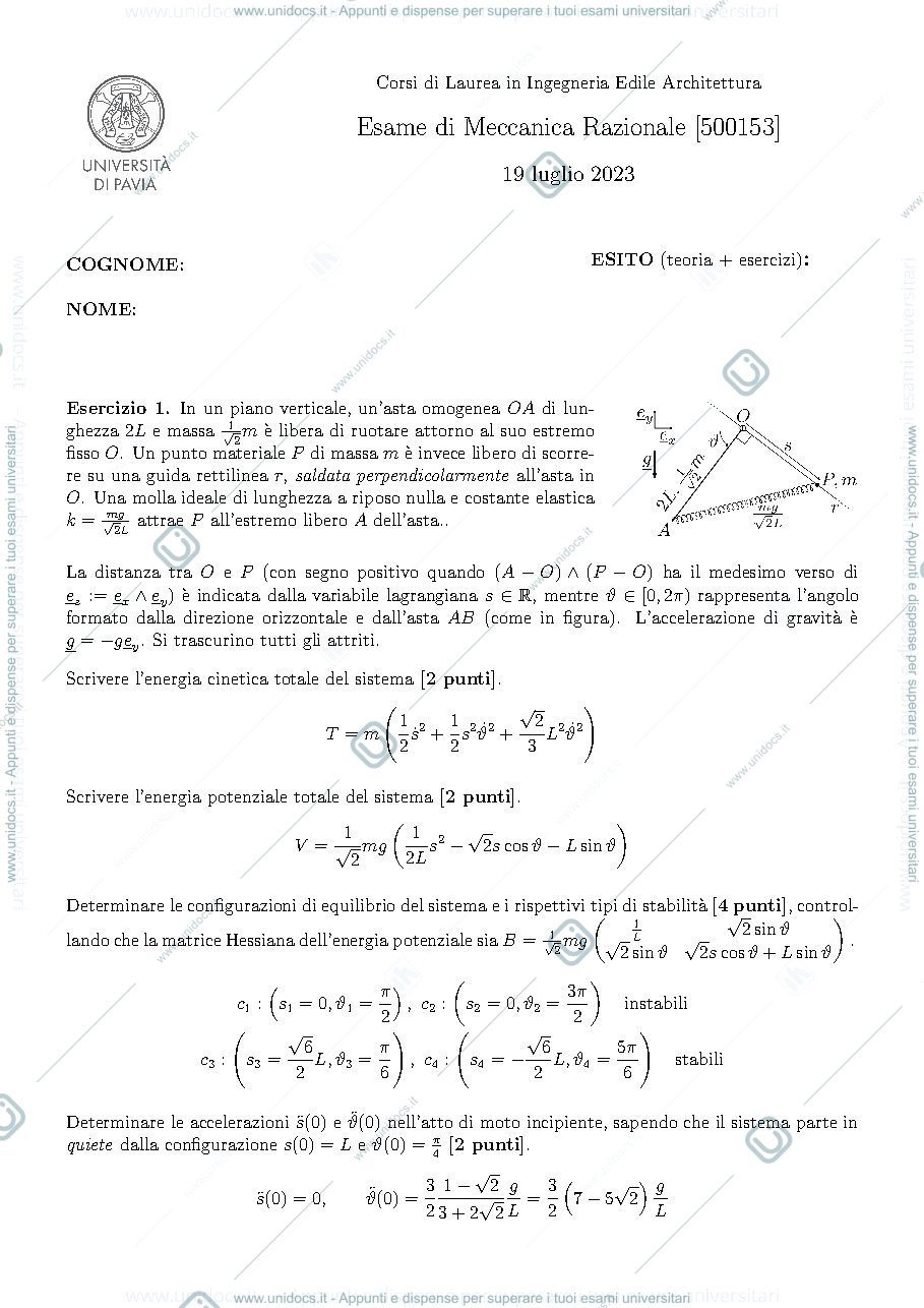 Anteprima pagina 1 — Esame di meccanica razionale