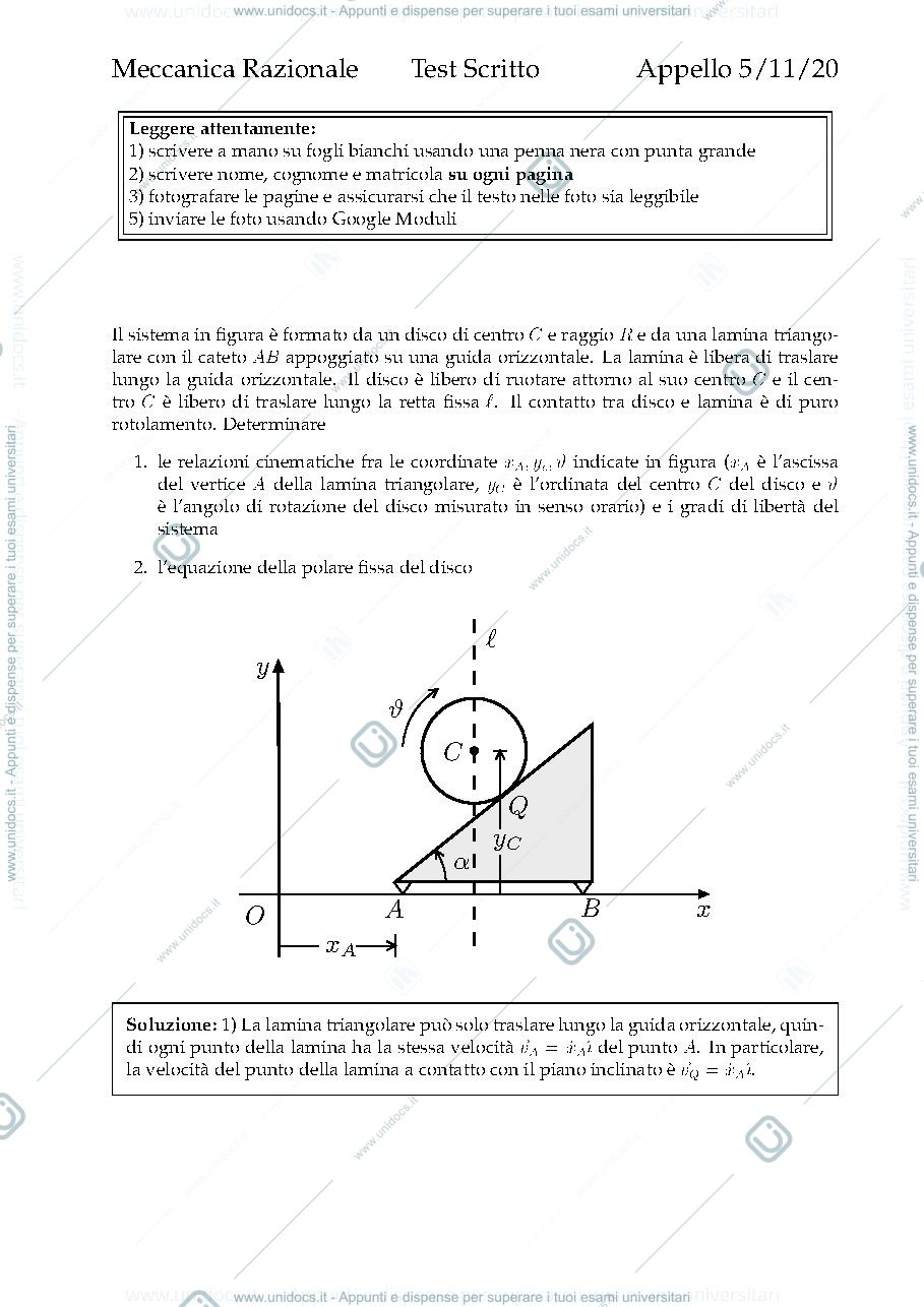 Anteprima pagina 1 — meccanica razionale compito