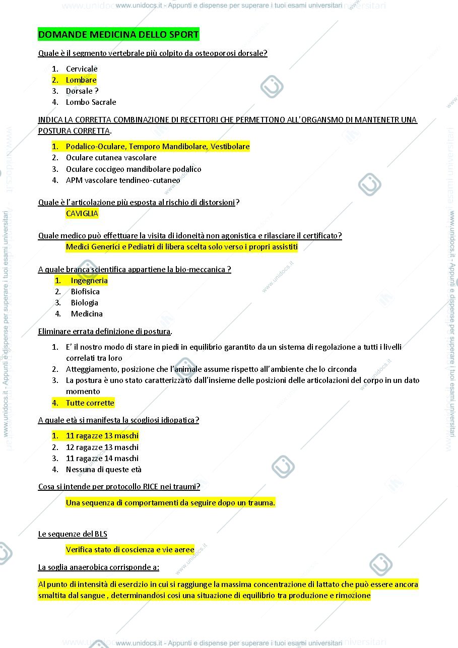 Anteprima pagina 1 — Domande esame medicina dello sport