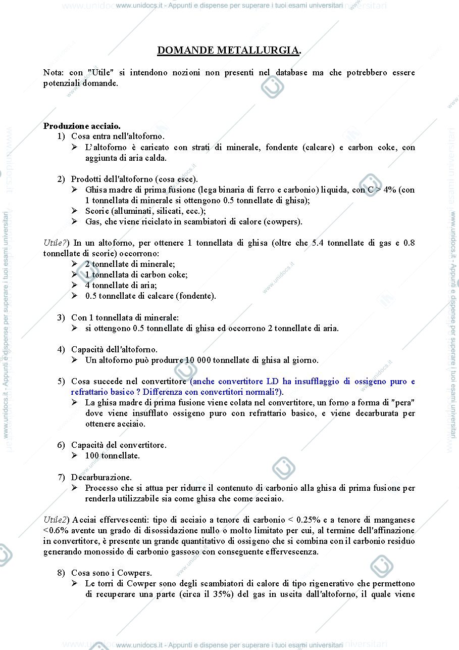 Anteprima pagina 1 — Domande Metallurgia