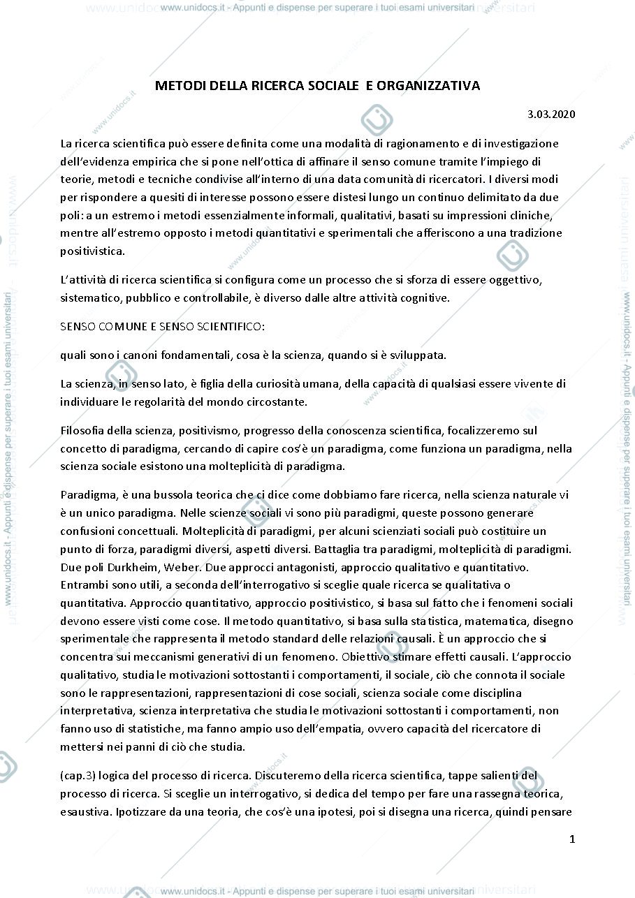Anteprima pagina 1 — Metodi della Ricerca Sociale e Organizzativa