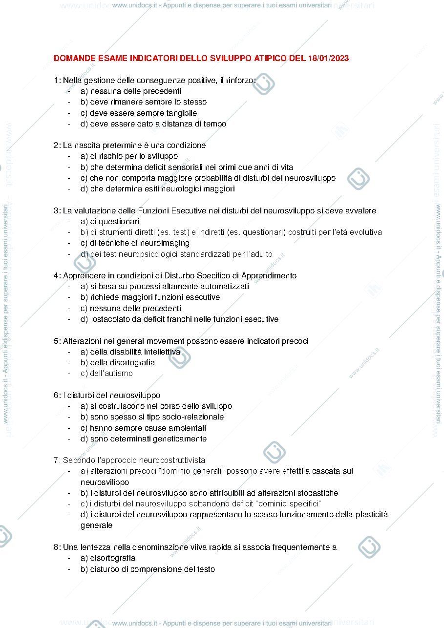 Anteprima pagina 1 — Domande esame indicatori dello sviluppo atipico 