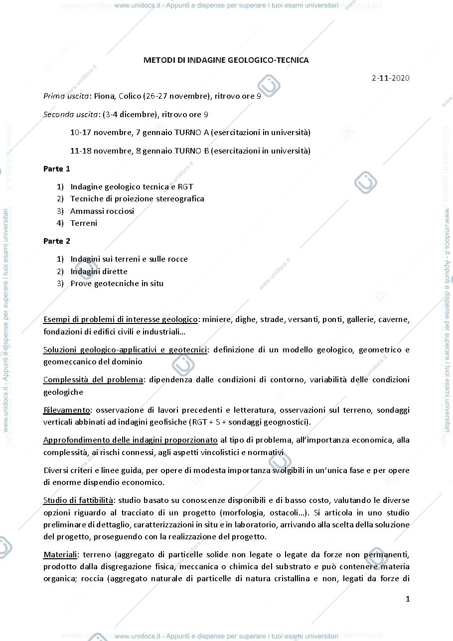 Anteprima pagina 1 — Appunti Metodi d'Indagine Geologico Tecnica 20-21