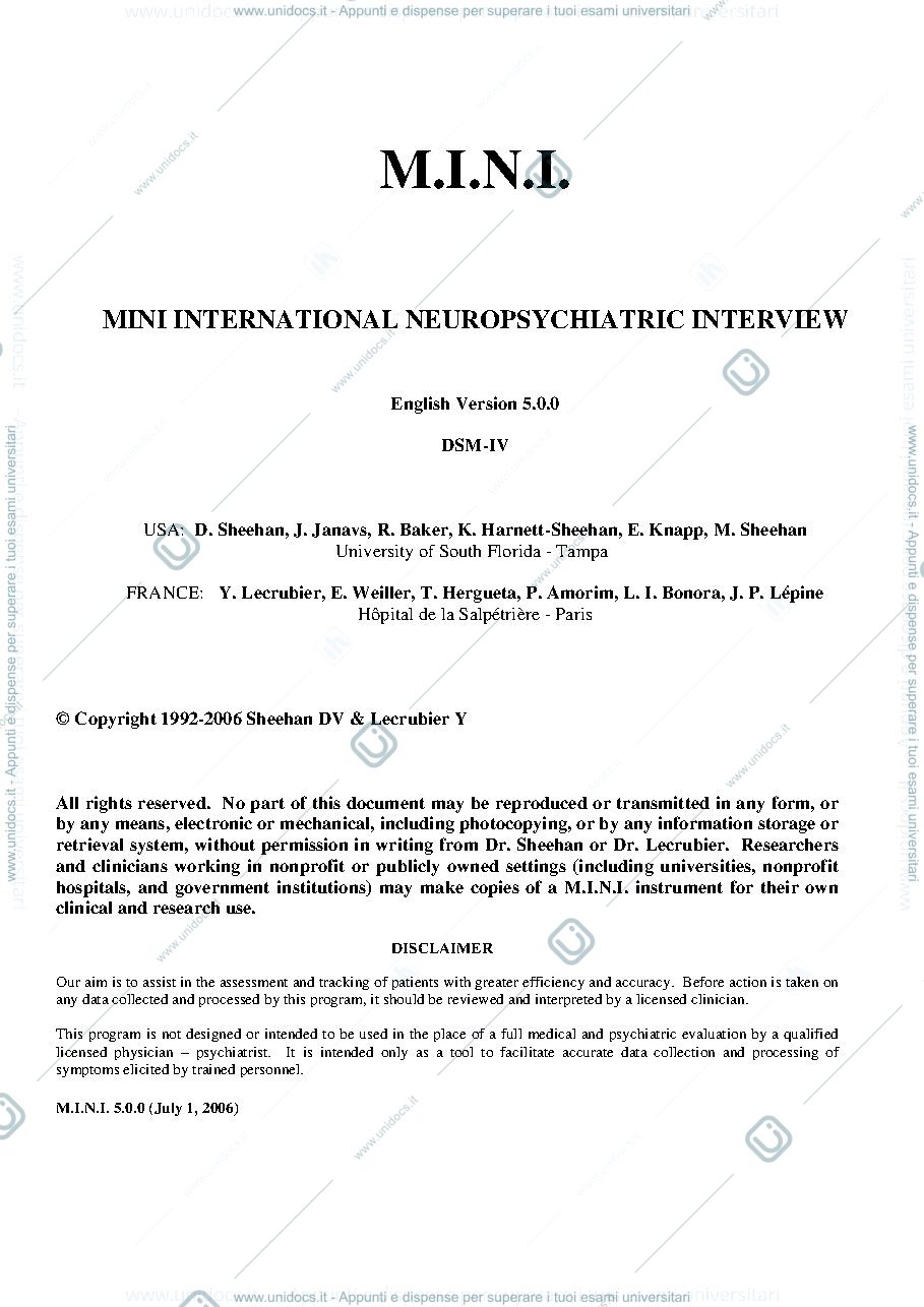 Anteprima pagina 1 — MINI INTERNATIONAL NEUROPSYCHIATRIC INTERVIEW