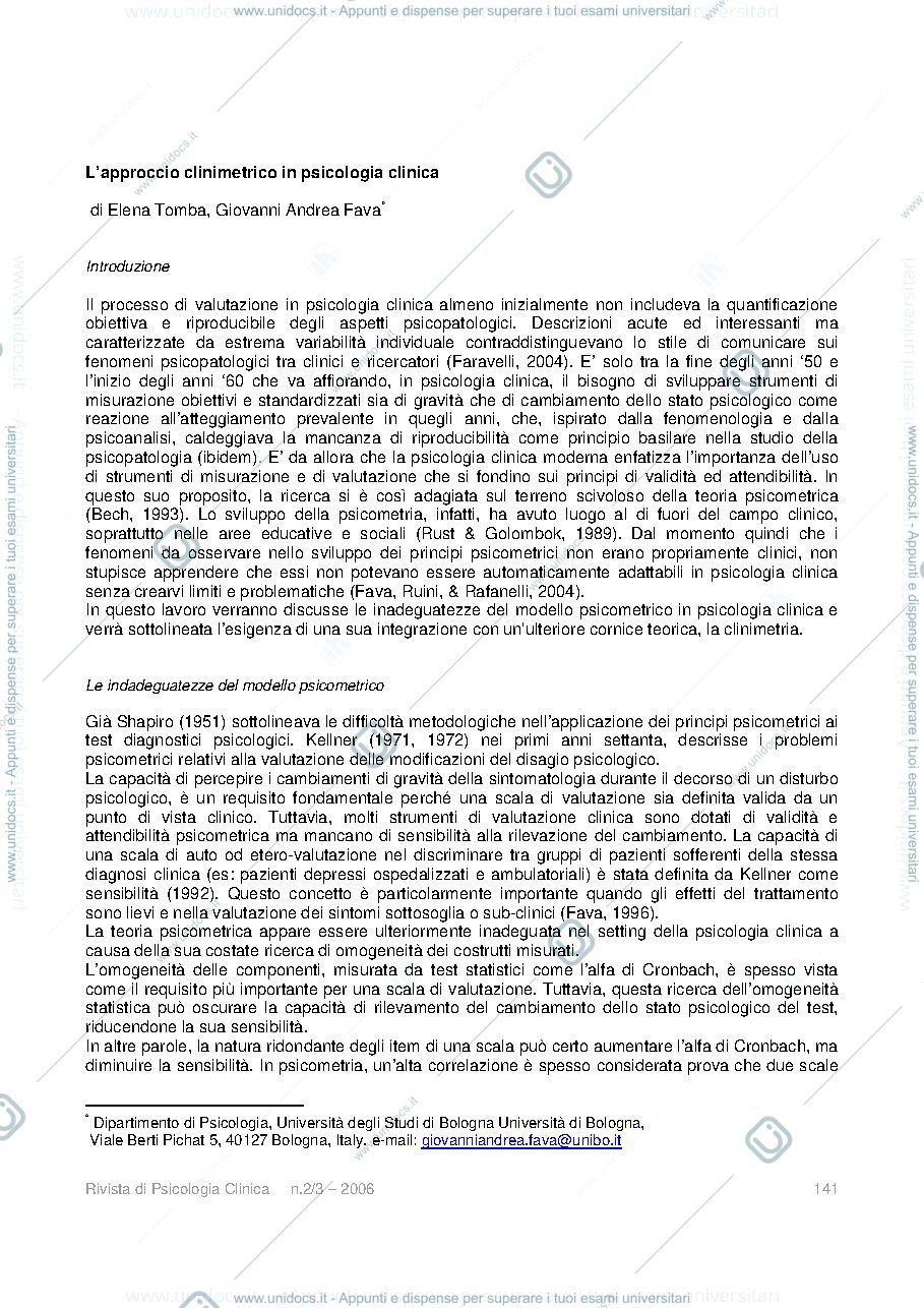 Anteprima pagina 1 — Materiale esame Metodi d'Indagine in Psicologia Clinica 