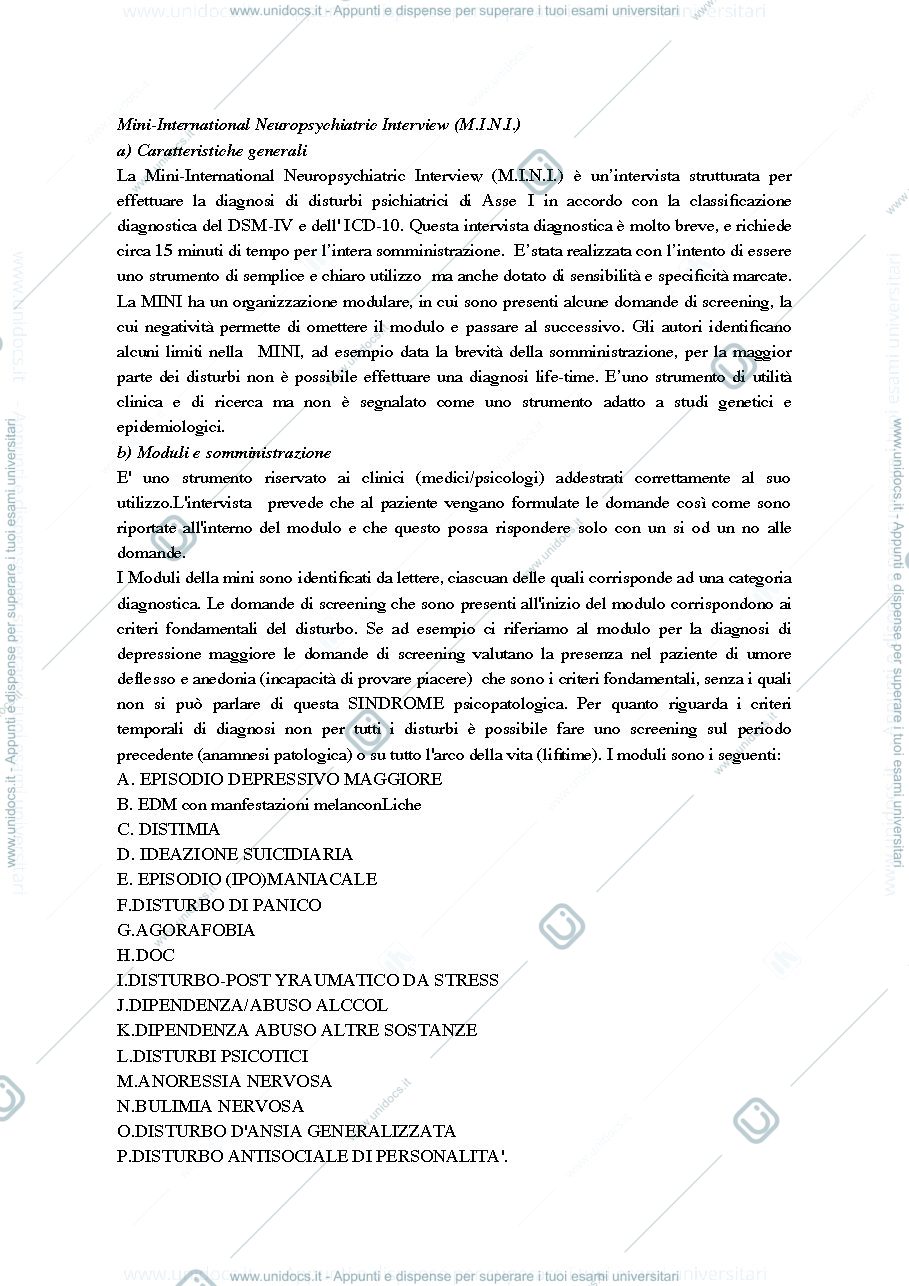 Anteprima pagina 1 — Riassunto MINI INTERNATIONAL NEUROPSYCHIATRIC INTERVIEW
