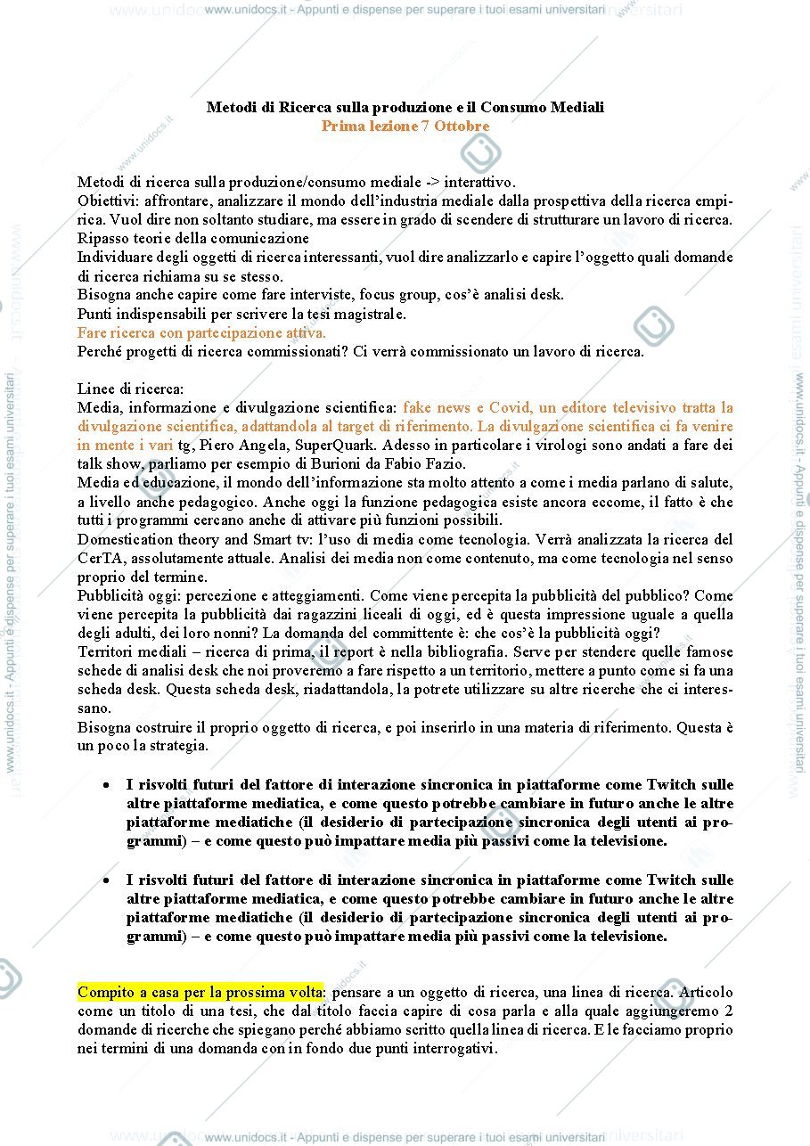Anteprima pagina 1 — Metodi di Ricerca e Consumi Mediali I Semestre