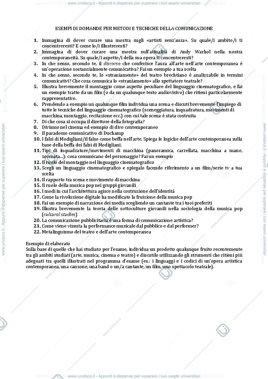 Anteprima pagina 1 — Raccolta di domande d'esame per Metodi e Tecniche della Comunicazione