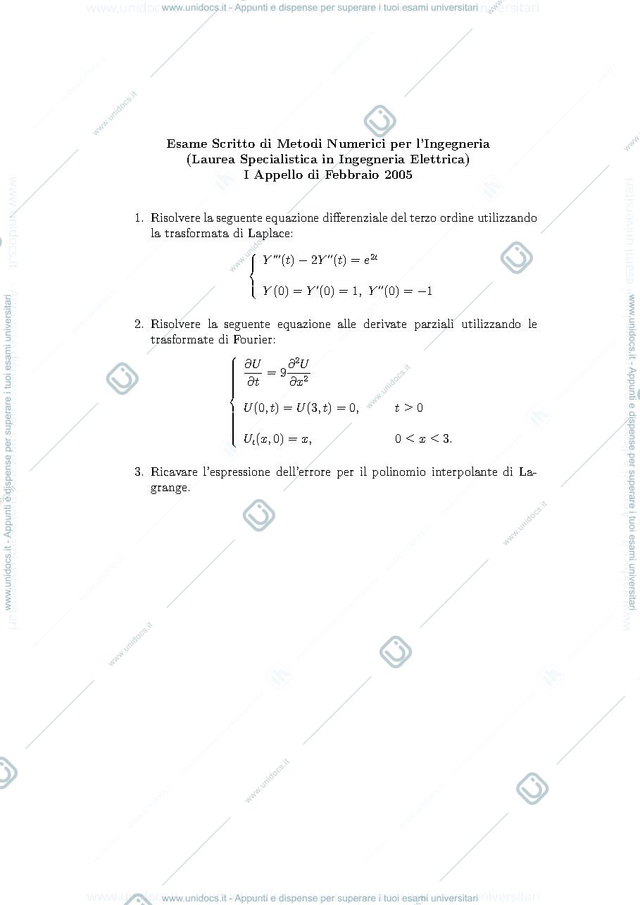 Anteprima pagina 1 — Tracce METODI NUMERICI PER L'INGEGNERIA prof. Politi