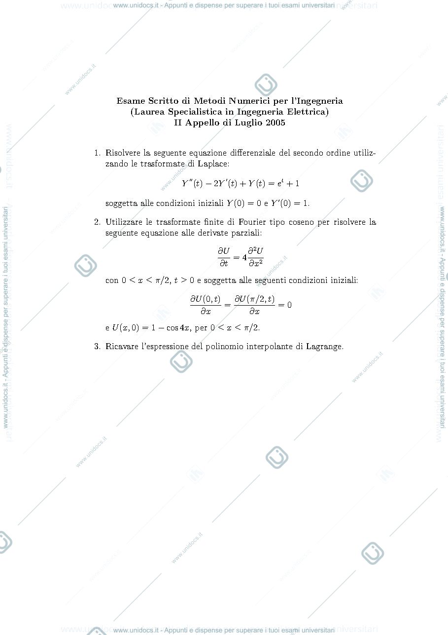 Anteprima pagina 5 — Tracce METODI NUMERICI PER L'INGEGNERIA prof. Politi