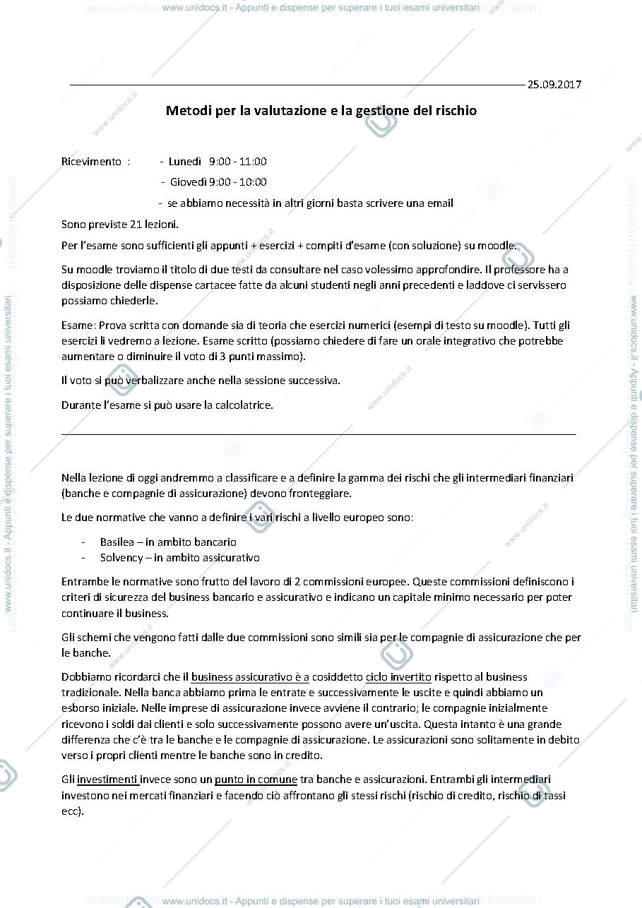 Anteprima pagina 1 — Appunti metodi per la valutazione e gestione del rischio- Vannucci