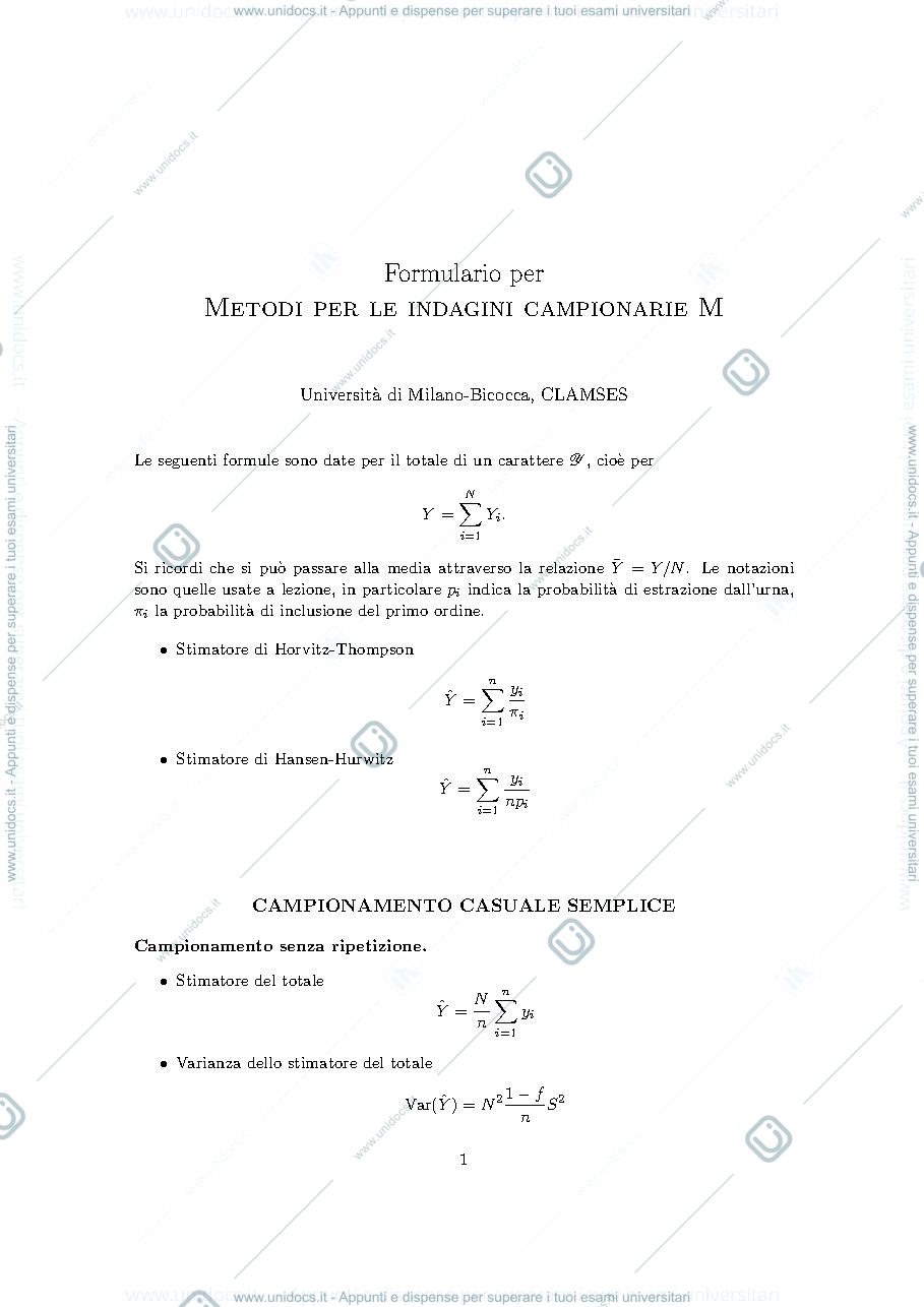 Anteprima pagina 1 — Formulario Metodi per Le Indagini Campionarie 