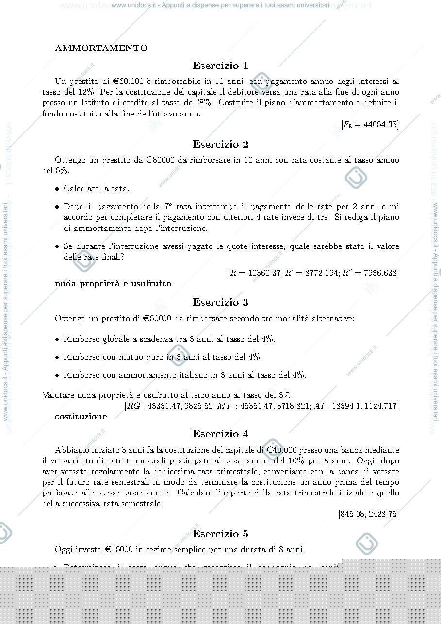 Anteprima pagina 1 — esercizi rendite, ammortamento e costituzione