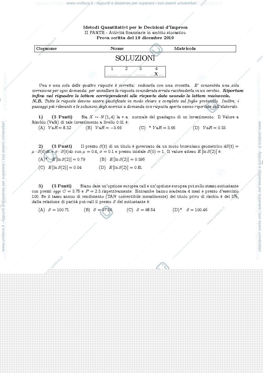 Anteprima pagina 1 — Appello Metodi quantitativi 19 Dicembre 2019